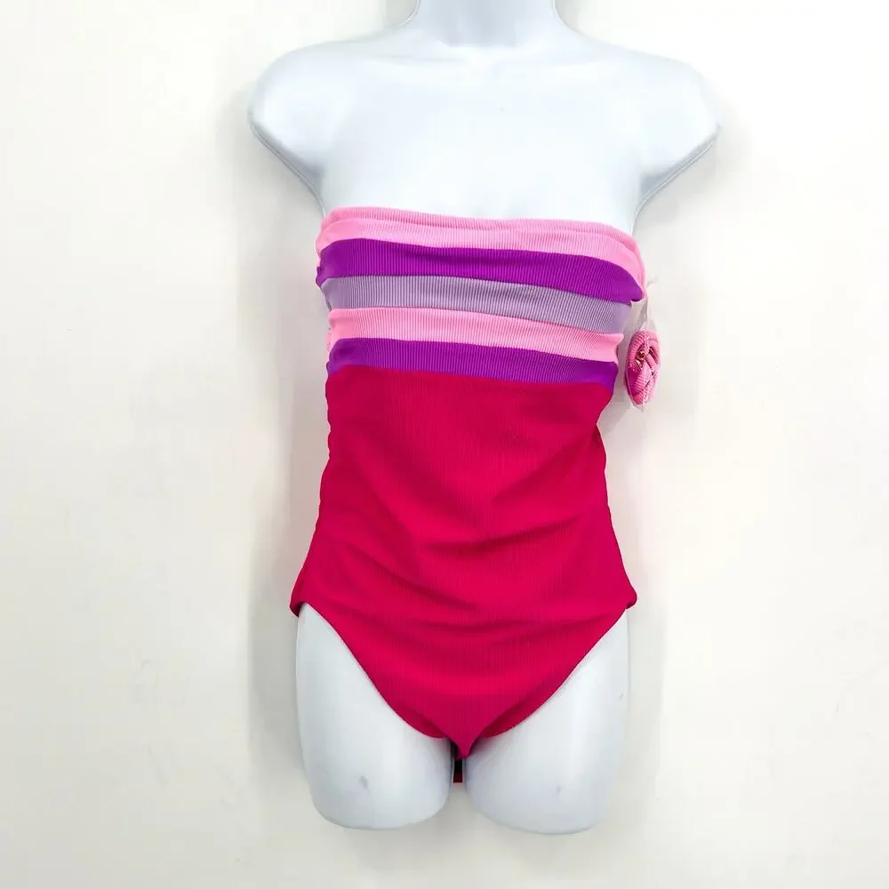 BEACH RIOT Jessa Bandeau One Piece Swimsuit Small Pink Raspberry Colorblock NWT - Picture 4 of 12